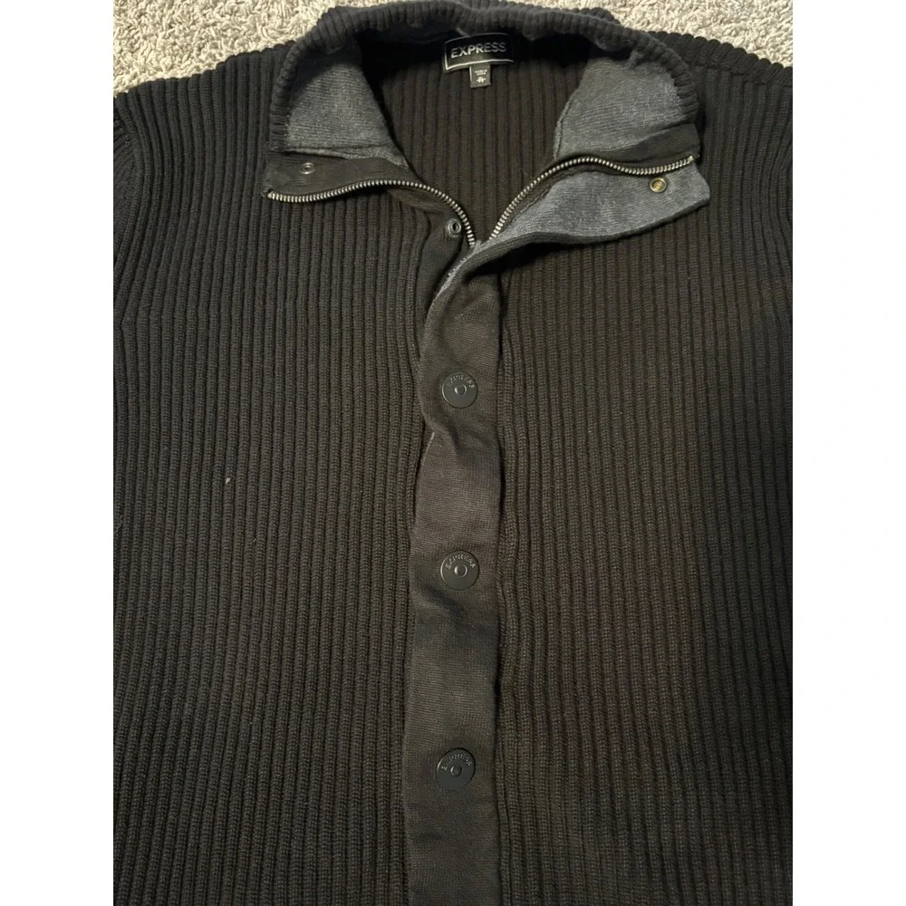 Express Mens‎ Black Ribbed Mock Neck Zip Button Front Cotton Cardigan Sweater XL